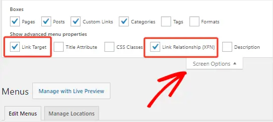 screen option بخش های link relationship و link target
